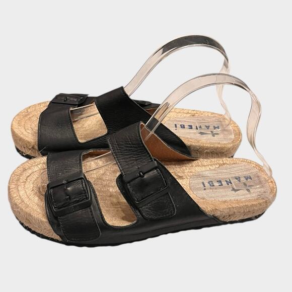 MANEBI Women’s Espadrille Black Leather Slides 2 Strap Buckle Sandals size 10 - Picture 2 of 5